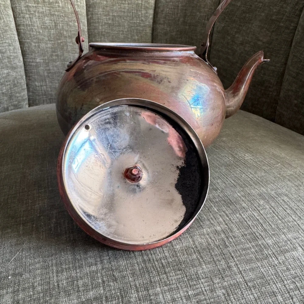 Vintage Copper Tea Kettle Blue White Ceramic Handle Cottagecore Farmhouse BOHO